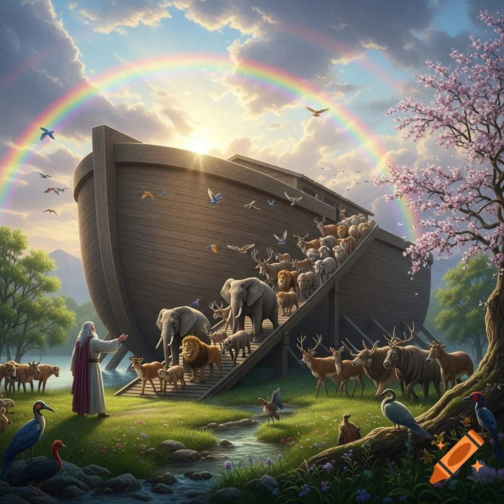 Noah guides pairs of animals onto the ark under a vibrant rainbow and bright sky in a lush landscape.