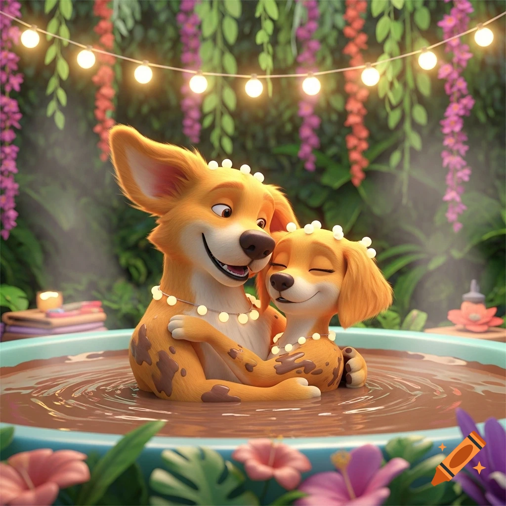 Two happy anthropomorphic retriever dogs embrace in a mud hot tub, surrounded by lush greenery and string lights, in a 3D animation style.