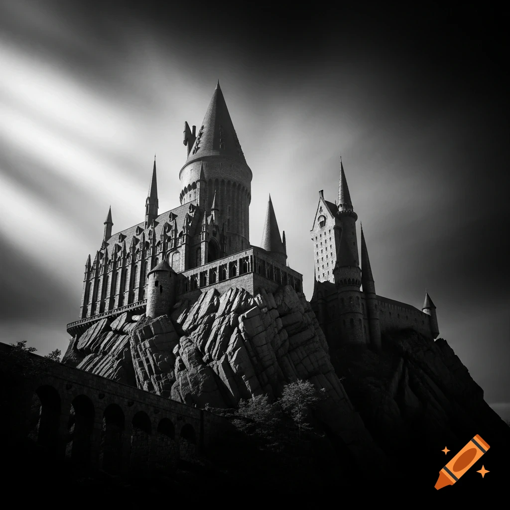 Black and white photograph of a grand, spired castle perched on rocky cliffs under a dramatic, ray-filled sky.