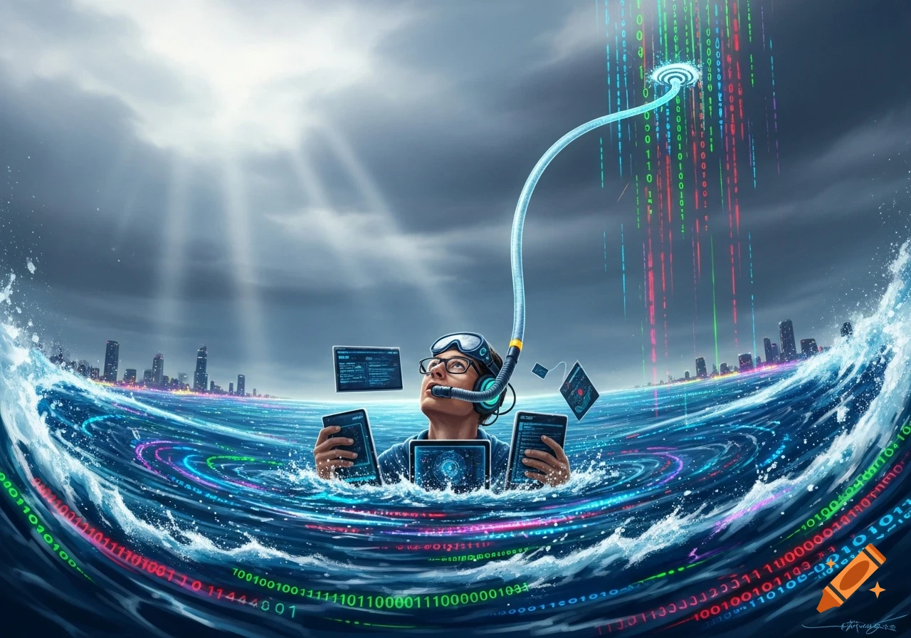 Person with a snorkel in an ocean of binary code, holding tablets, looking up at data streams above a cityscape. Digital art.