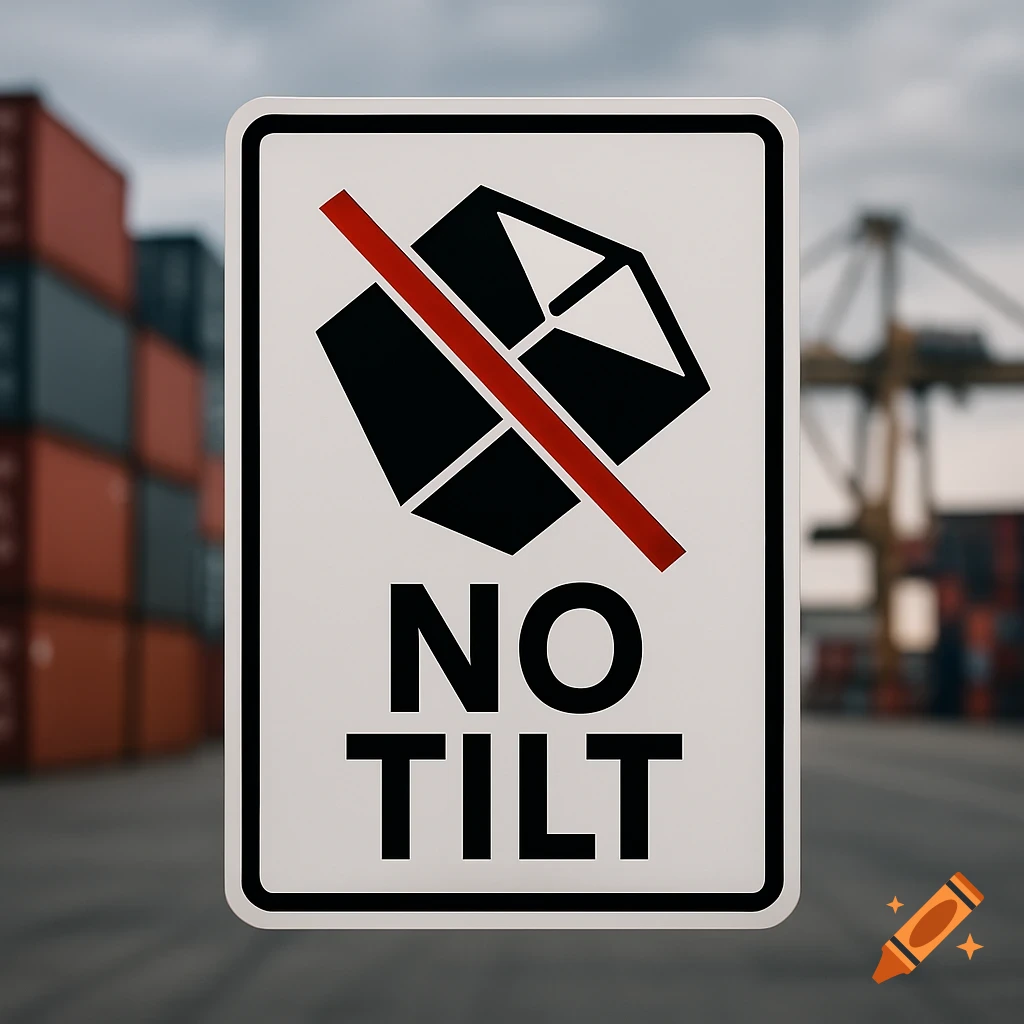 A white rectangular warning sign with a black border, featuring a black tilted box with a red diagonal slash and the words "NO TILT" below it. Blurred shipping containers and a crane are in the background.