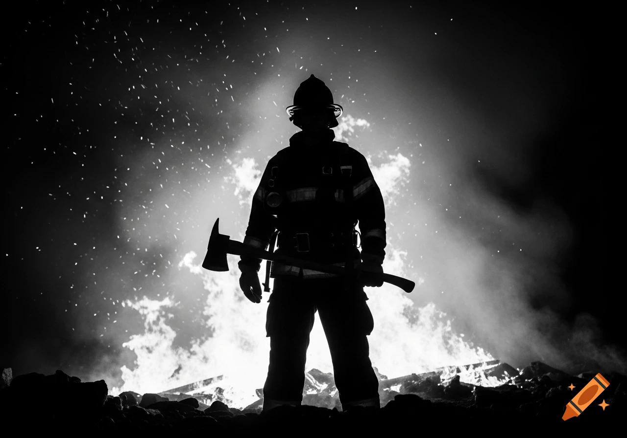 Black and white silhouette of a firefighter holding an axe, standing in front of a raging fire with flying sparks.
