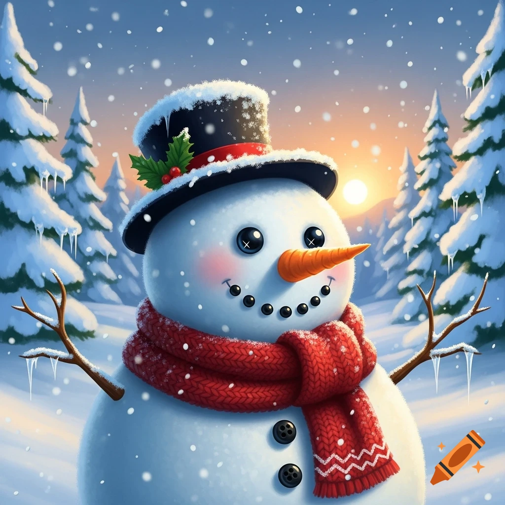 A cute snowman with a top hat, holly, and red knitted scarf smiles in a snowy forest with falling flakes and a sunset.