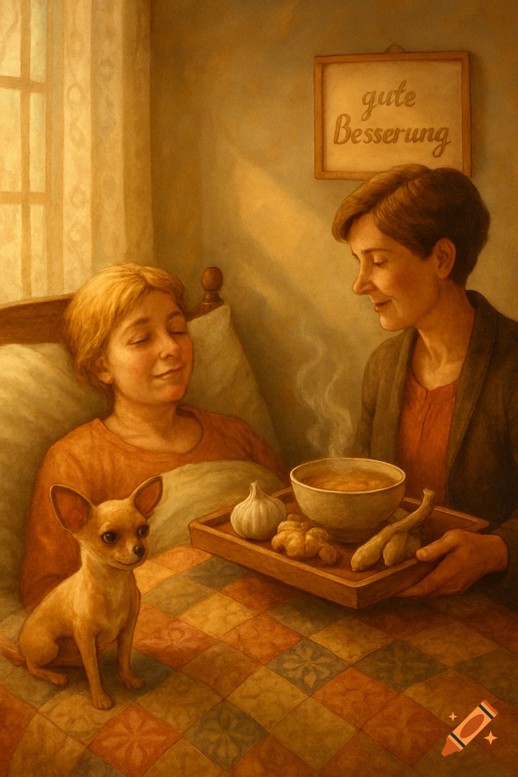 A woman brings a tray with soup and ingredients to a person resting in bed, with a chihuahua beside them. A sign says 'gute Besserung'.