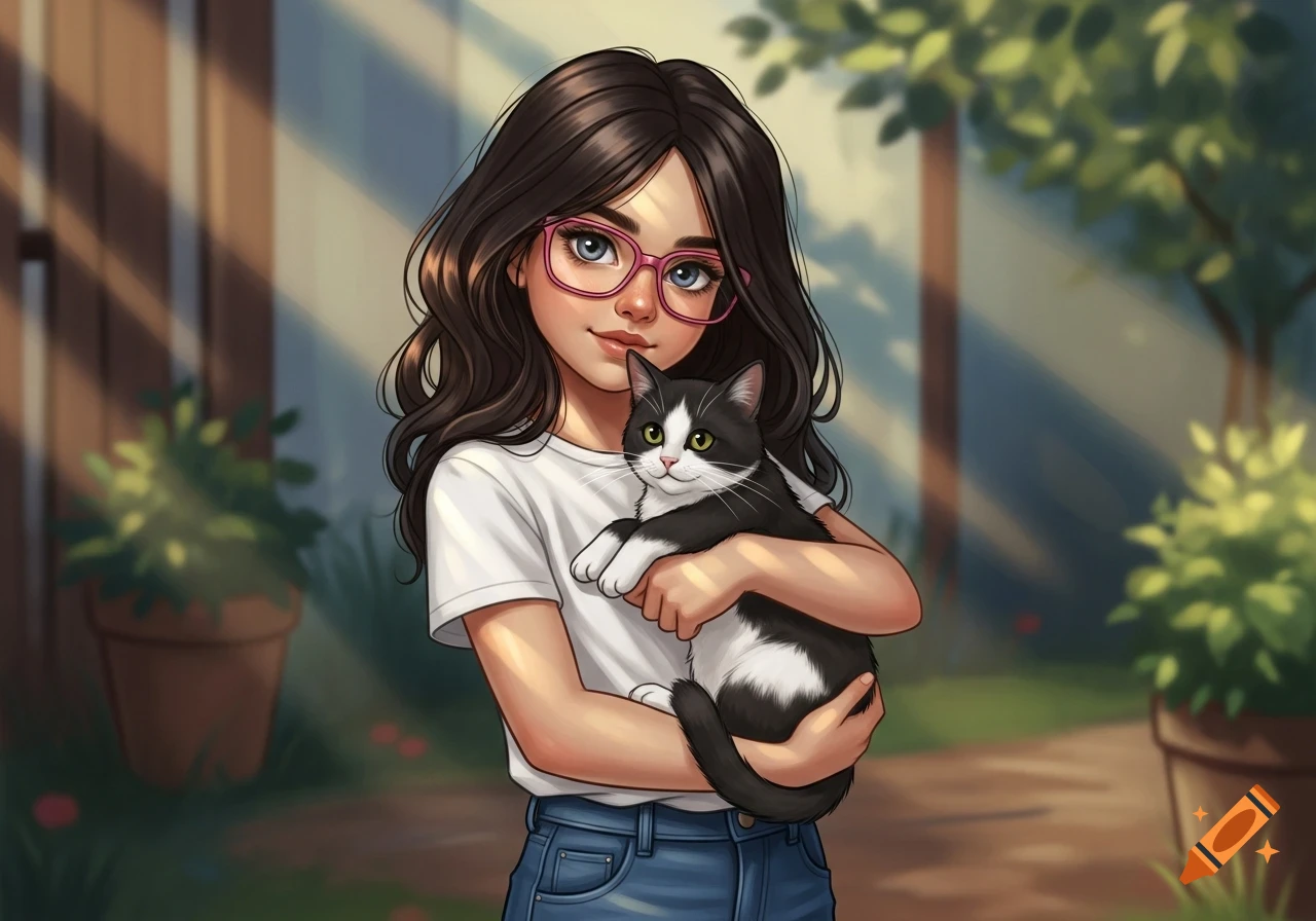 Illustrative image of a girl with dark hair, pink glasses, and a white t-shirt, holding a black and white cat in a sunny garden.