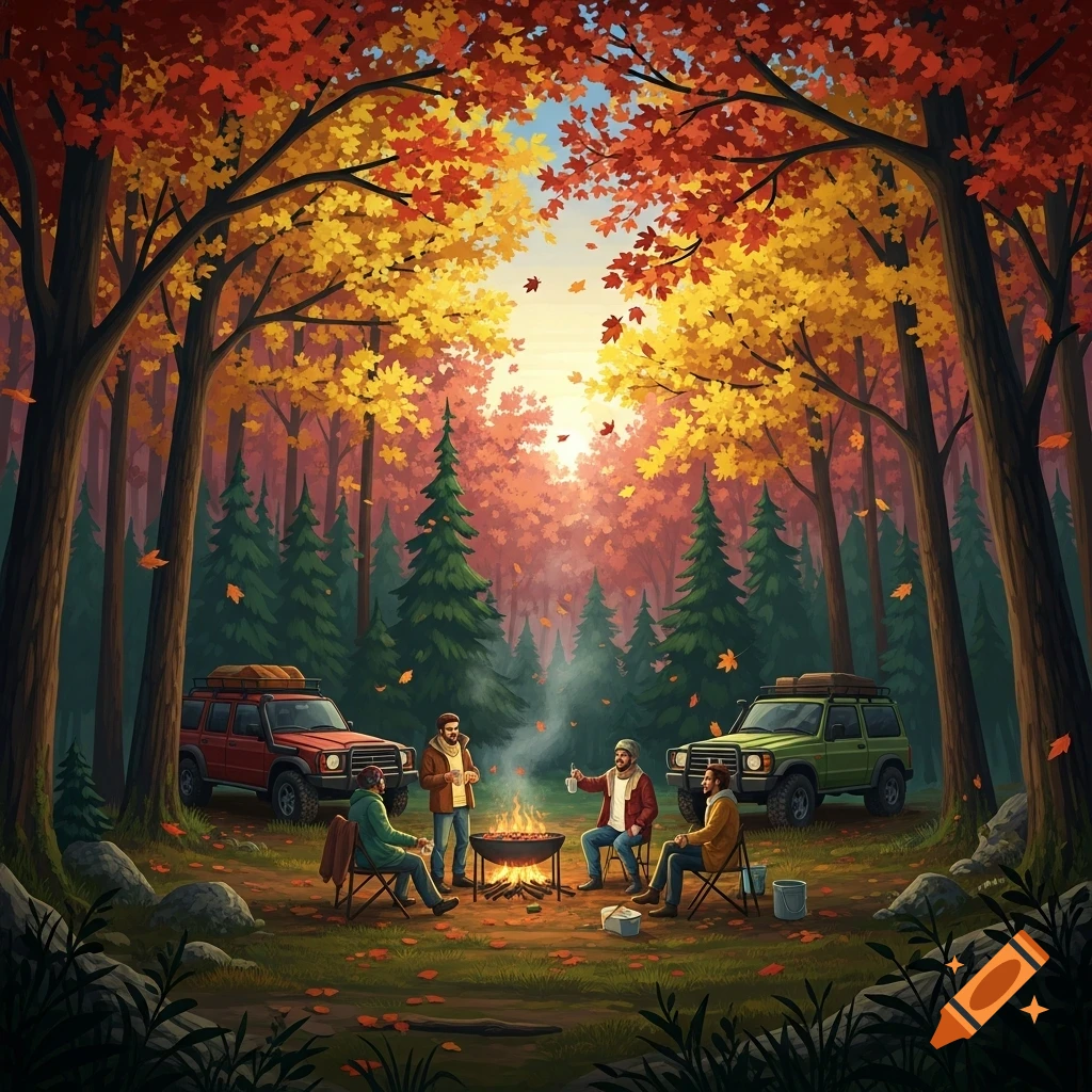 Four friends barbecue around a campfire in an autumn forest, with two 4x4 vehicles parked nearby, in a stylized illustration.