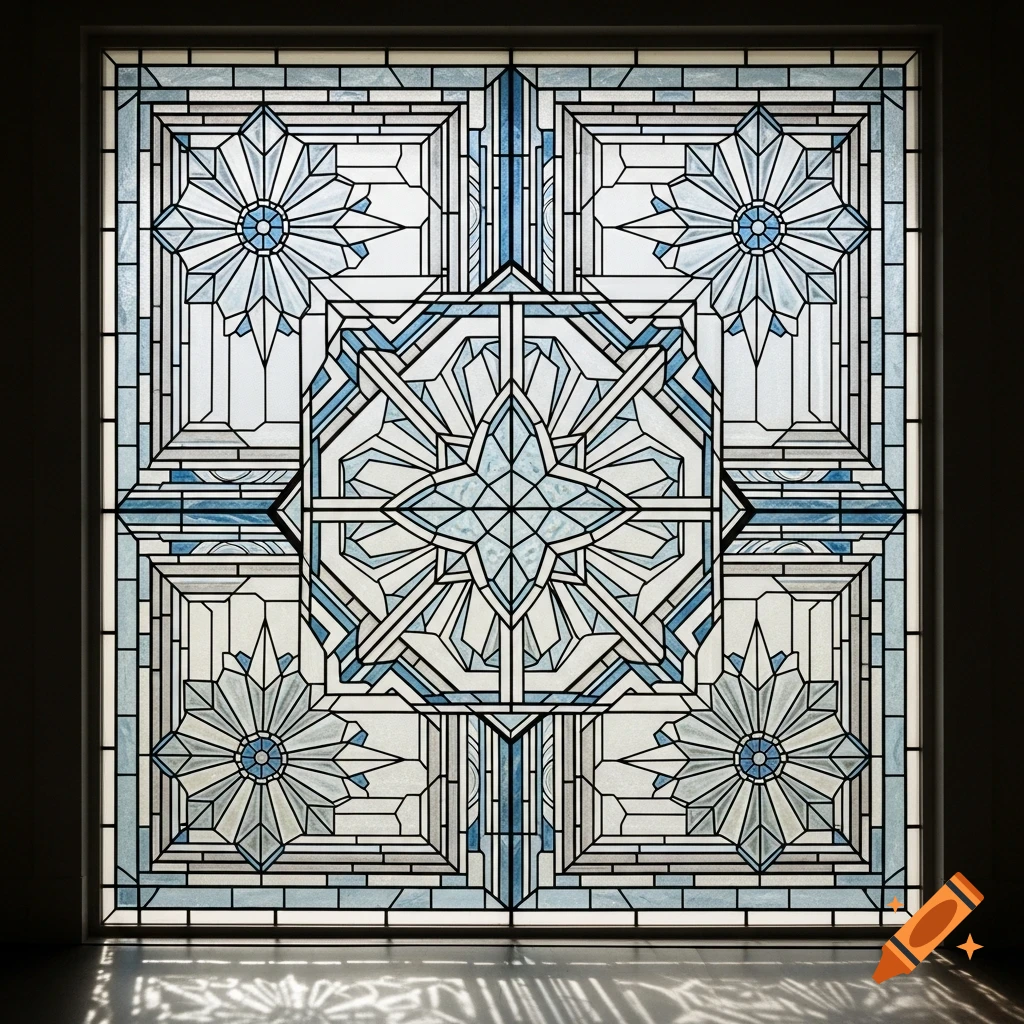 Art Deco stained glass window with blue and white geometric snowflake patterns, casting light on the floor.