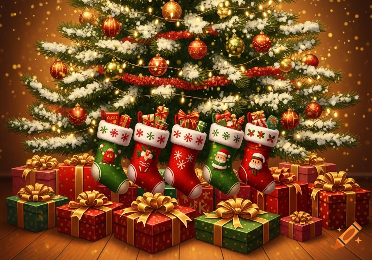 A festive scene with a decorated Christmas tree, five stockings filled with gifts, and numerous wrapped presents on a wooden floor.