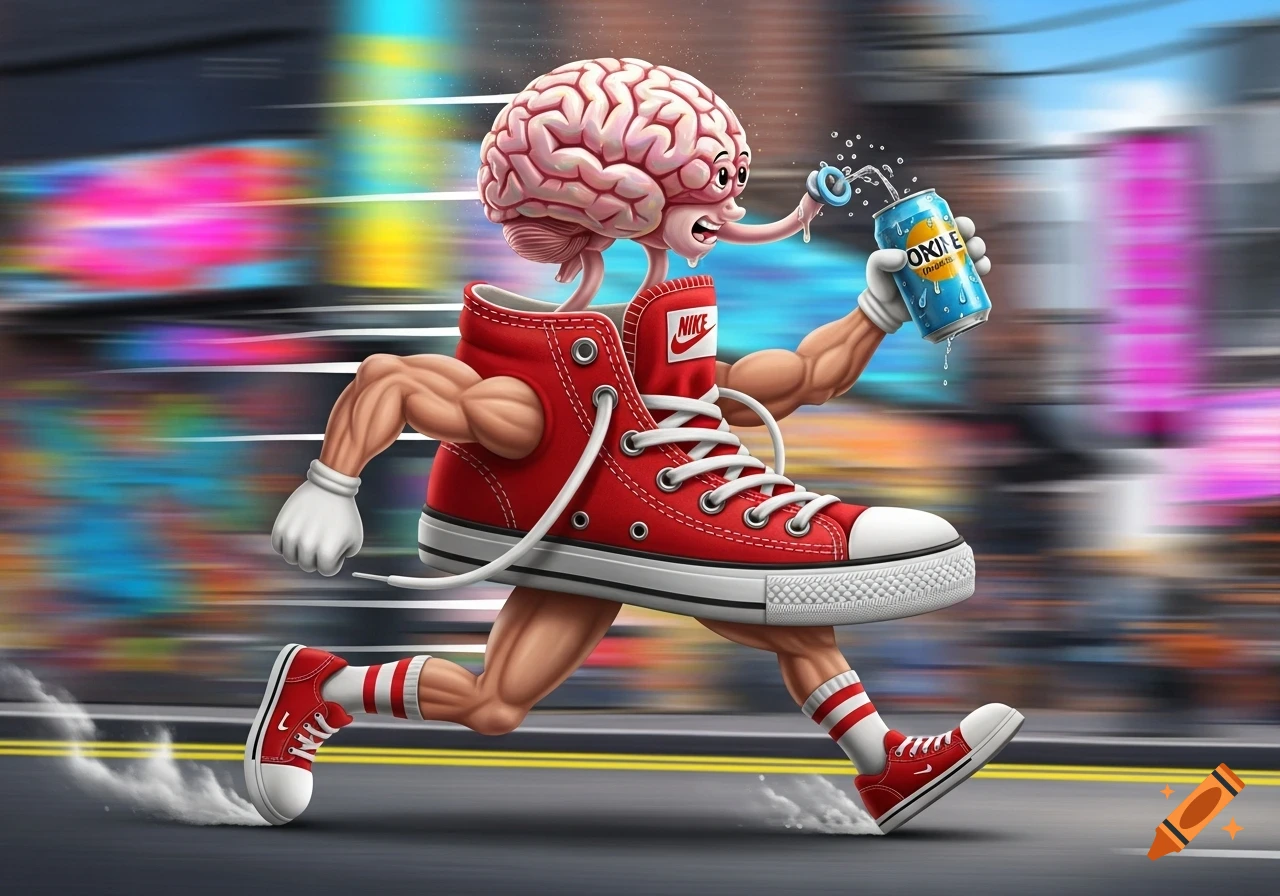 A surreal cartoon brain on a red sneaker with muscular limbs runs, drinking from an energy drink can.