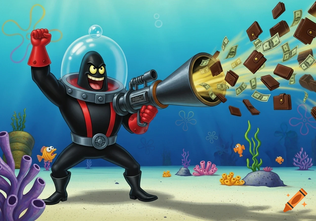 Man Ray, a black character in a diving suit and clear dome helmet, shoots wallets and money from a bazooka underwater.