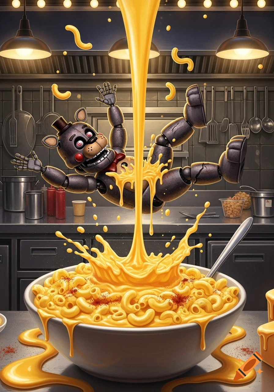 A Freddy Fazbear robot falling headfirst into a giant bowl of mac and cheese, splashing sauce in a brightly lit kitchen.