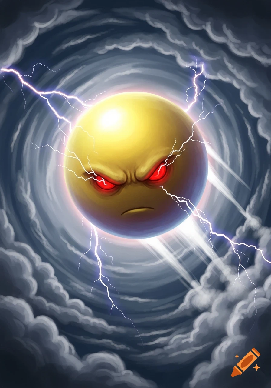 An angry yellow emoji with glowing red eyes surrounded by dark stormy clouds and lightning bolts.