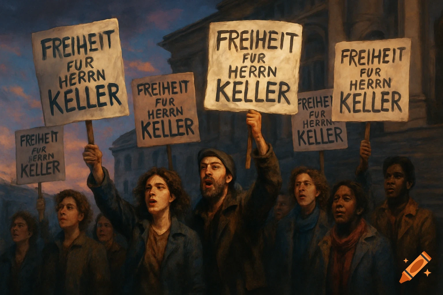 A group of people demonstrating in a dark, painterly style, holding signs that read "FREIHEIT FÜR HERRN KELLER" (Freedom for Mr. Keller).