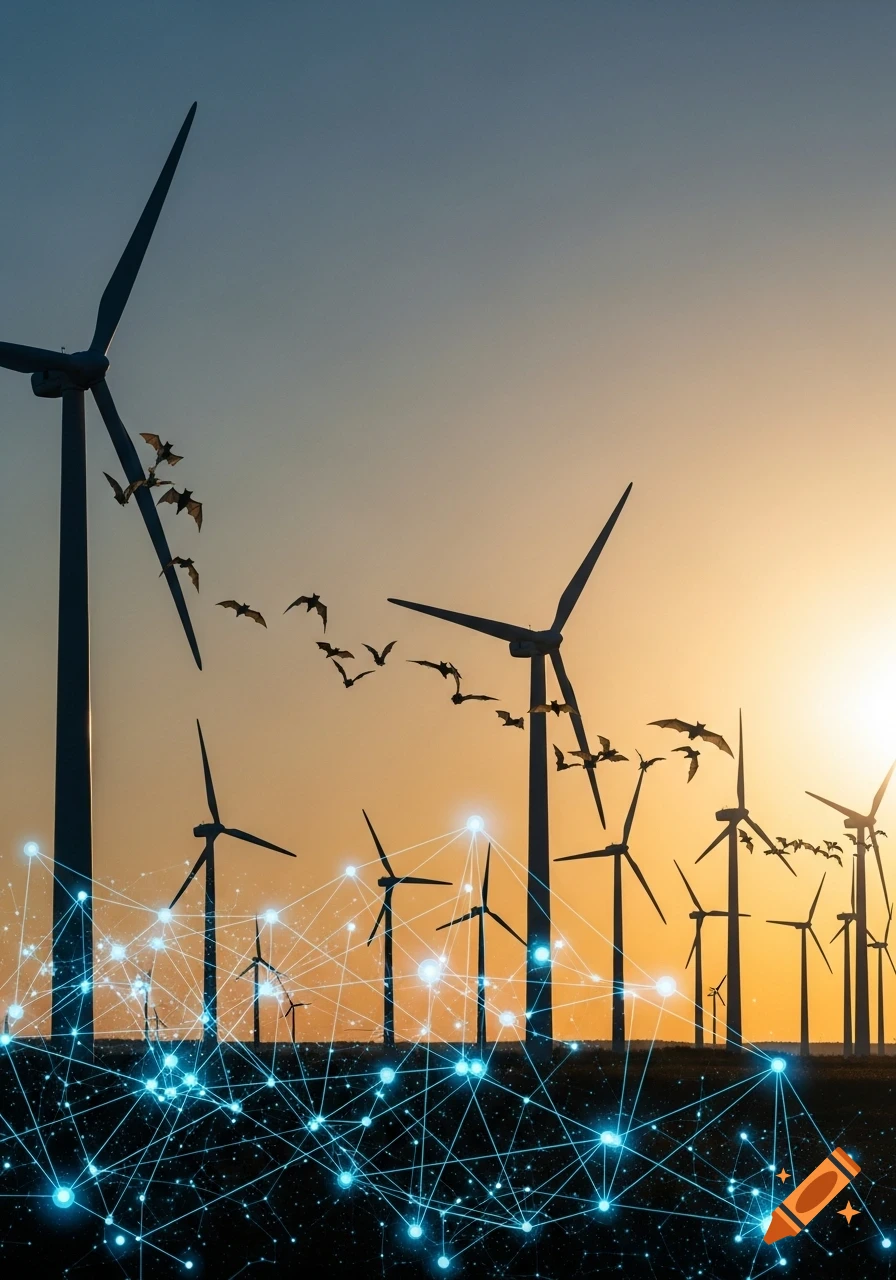 Silhouettes of wind turbines and bats against a vibrant sunset with a glowing blue digital network overlay.