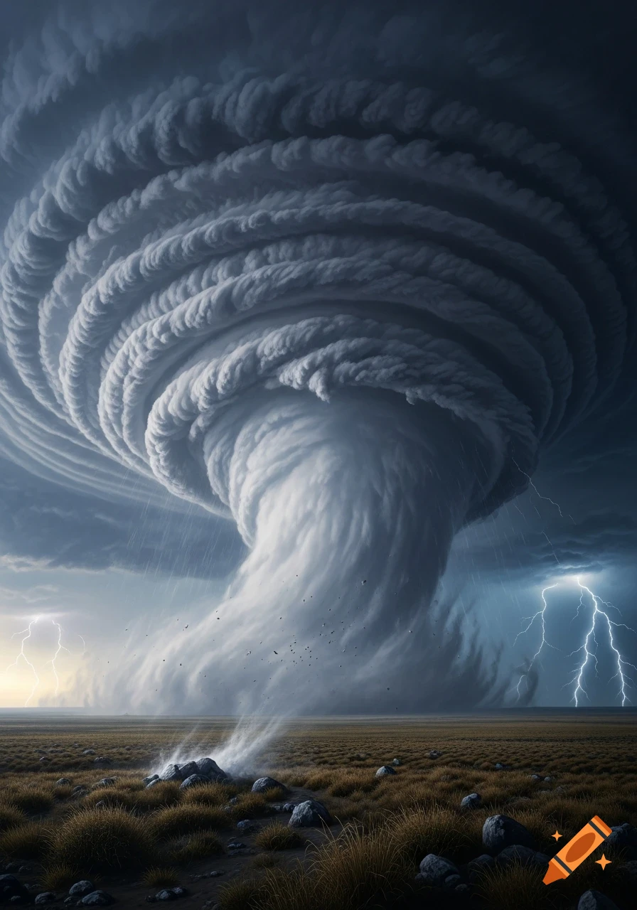 A massive, swirling supercell storm with a tornado over vast plains, with dramatic lightning bolts.