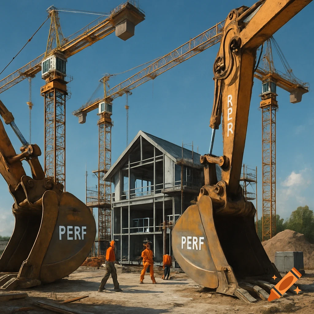 Photorealistic image of a house under construction, surrounded by large cranes and excavators, with workers on site.
