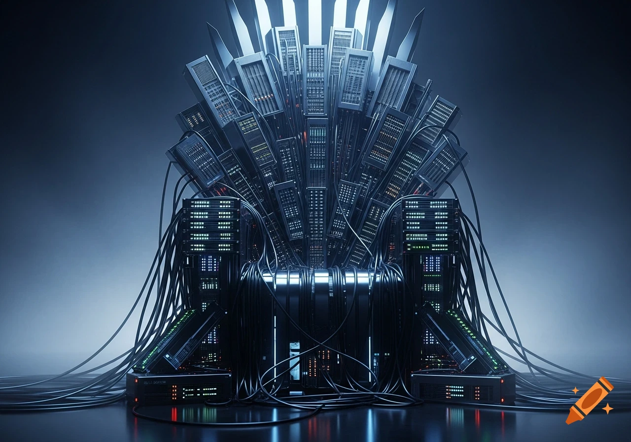A dark, imposing throne made from server racks, network switches, and cables, glowing with blue and green lights in a shadowy setting.