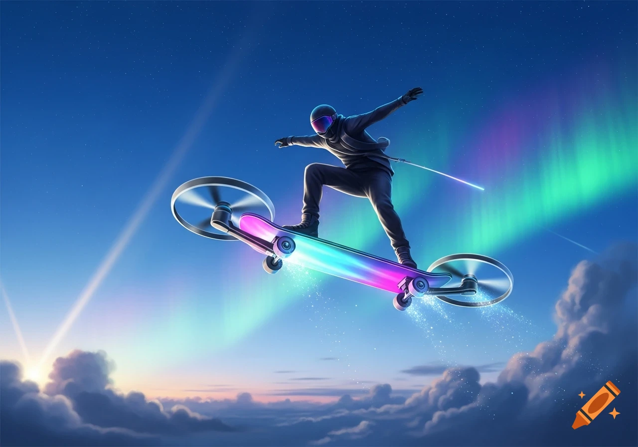 A person in a suit and helmet flies a glowing, propeller-driven skateboard across a night sky with aurora borealis and distant clouds.