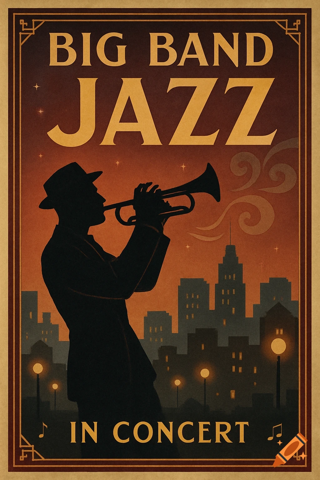 Vintage-style concert poster featuring a silhouetted trumpet player against a city skyline with text "BIG BAND JAZZ IN CONCERT".