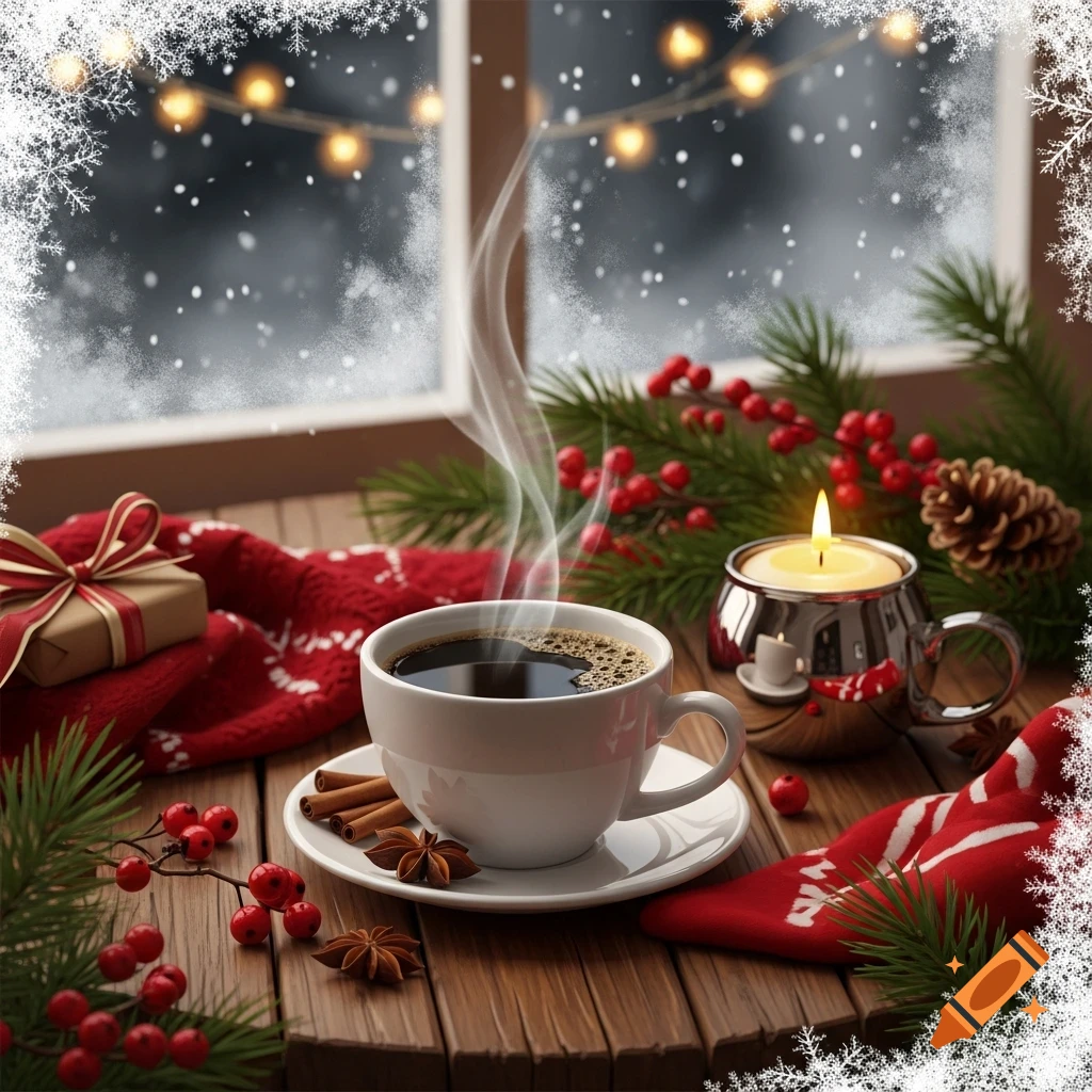 Steaming coffee cup and Christmas decorations on a wooden table beside a snowy window with snowflakes.
