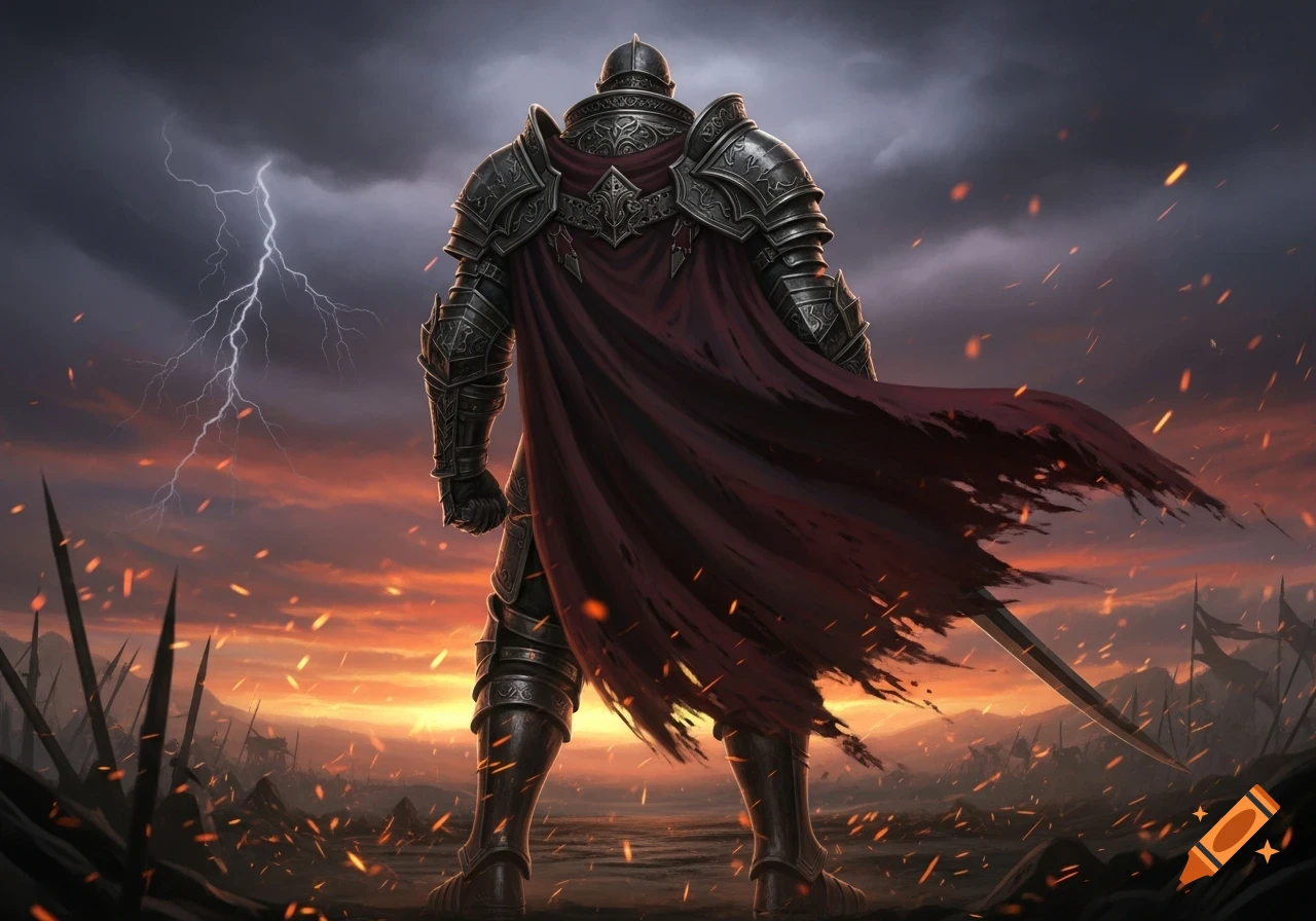 A knight in ornate dark armor and a flowing red cape stands with his back to the viewer, overlooking a fiery battlefield under a dramatic lightning-filled sunset sky.