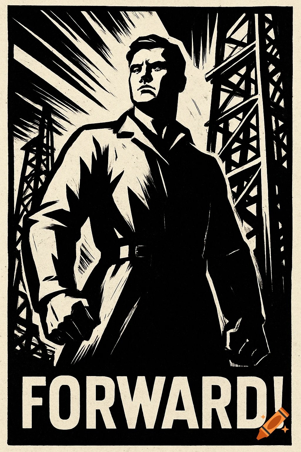 Black and white propaganda poster of a determined man with clenched fists, industrial background, and text 'FORWARD!'.