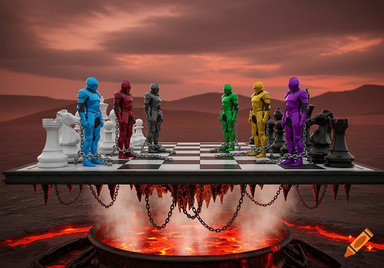 Digital art of a floating chessboard over a pot of lava under red skies. Colorful armored knights are chained to black chess pieces.