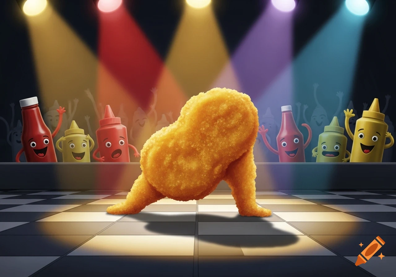 A golden brown chicken nugget breakdances on a checkered stage under colorful spotlights, cheered on by happy cartoon condiment bottles.