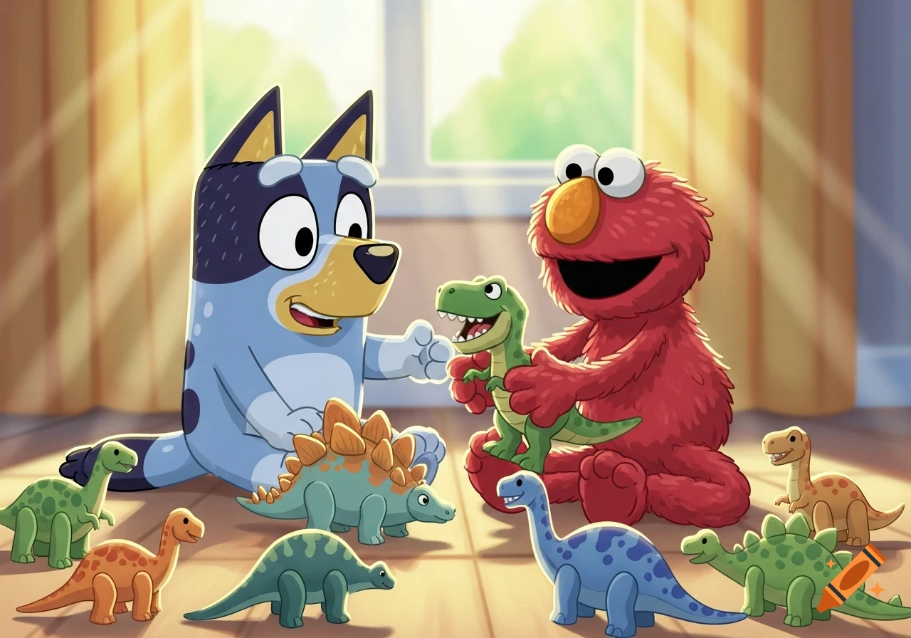Bluey and Elmo, cartoon characters, play with an array of toy dinosaurs on a sunny wooden floor.