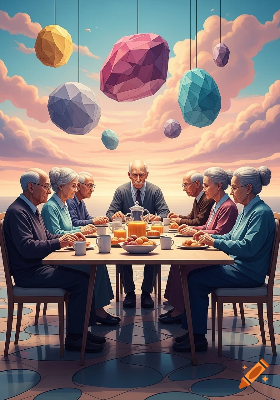 A group of elderly people sit at a breakfast table under colorful geometric shapes floating in a cloudy sky, in an abstract art style.