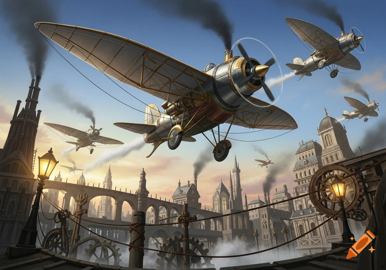 Steampunk biplanes soar over an intricate Victorian city with bridges and smoking chimneys at sunset, featuring gears and lampposts.
