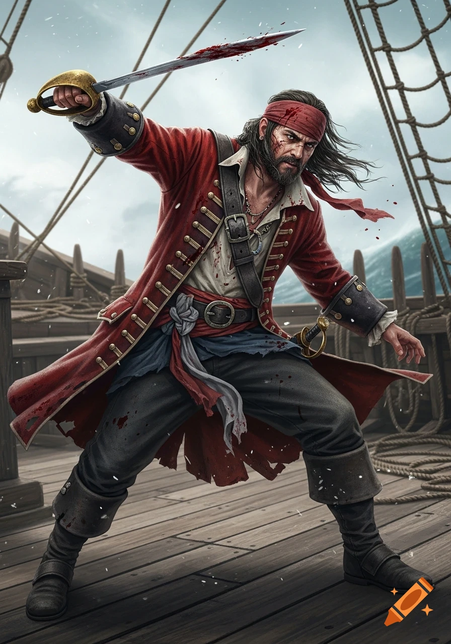 A fierce pirate with a blood-stained sword and tattered red coat stands on a ship deck during a stormy day, ready to strike.