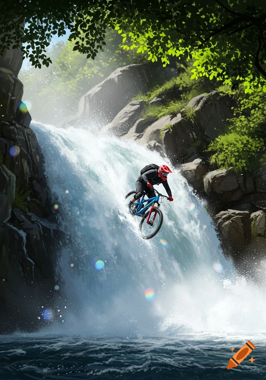 An illustrated scene of a mountain biker in black and red gear riding a blue bike down a large waterfall in a lush green forest.