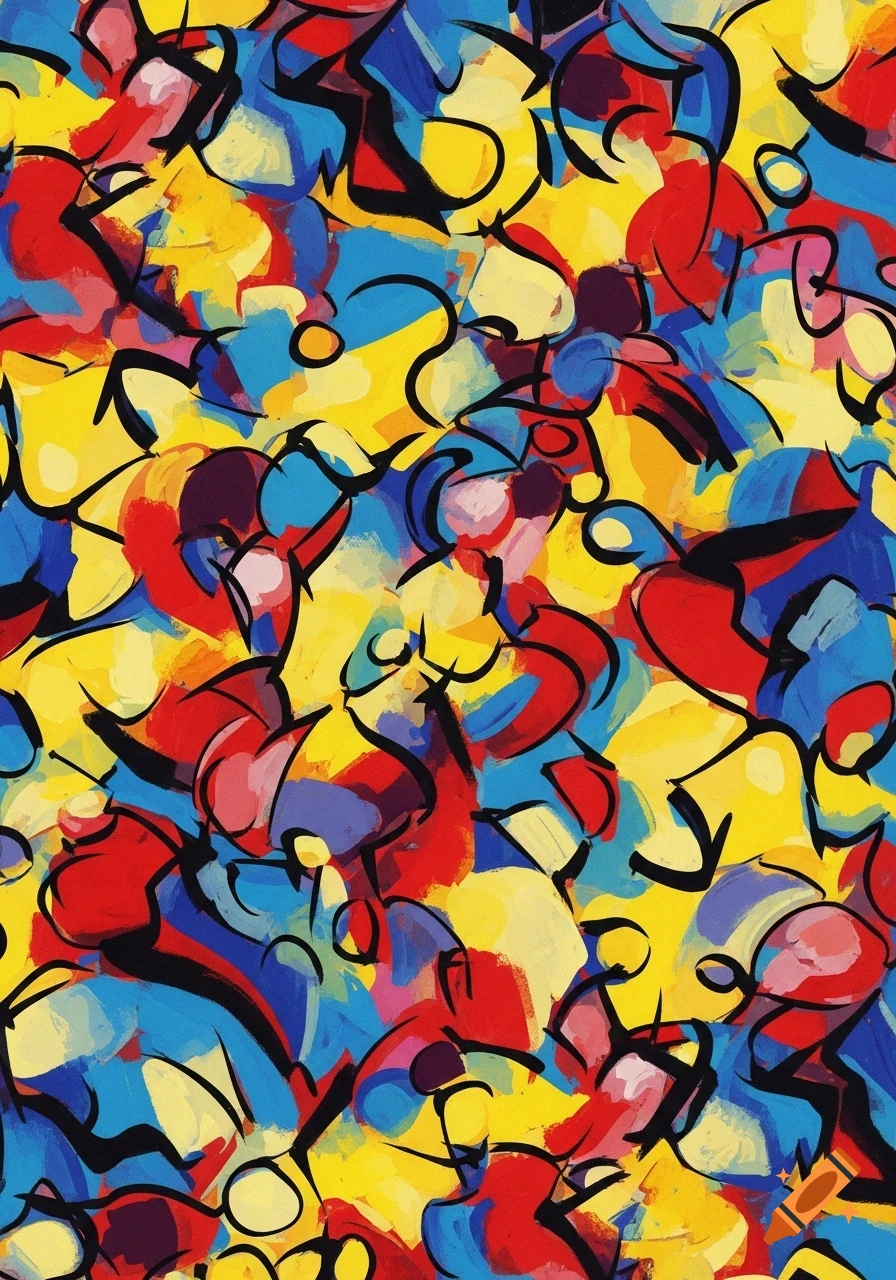 An abstract expressionist painting with bold brushstrokes in yellow, red, and blue, outlined in black.