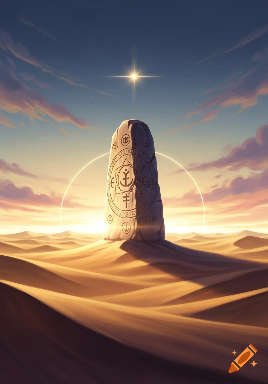 A towering, intricately carved stone monument stands in a vast desert landscape under a twilight sky with a bright star overhead, illuminated by a glowing halo.