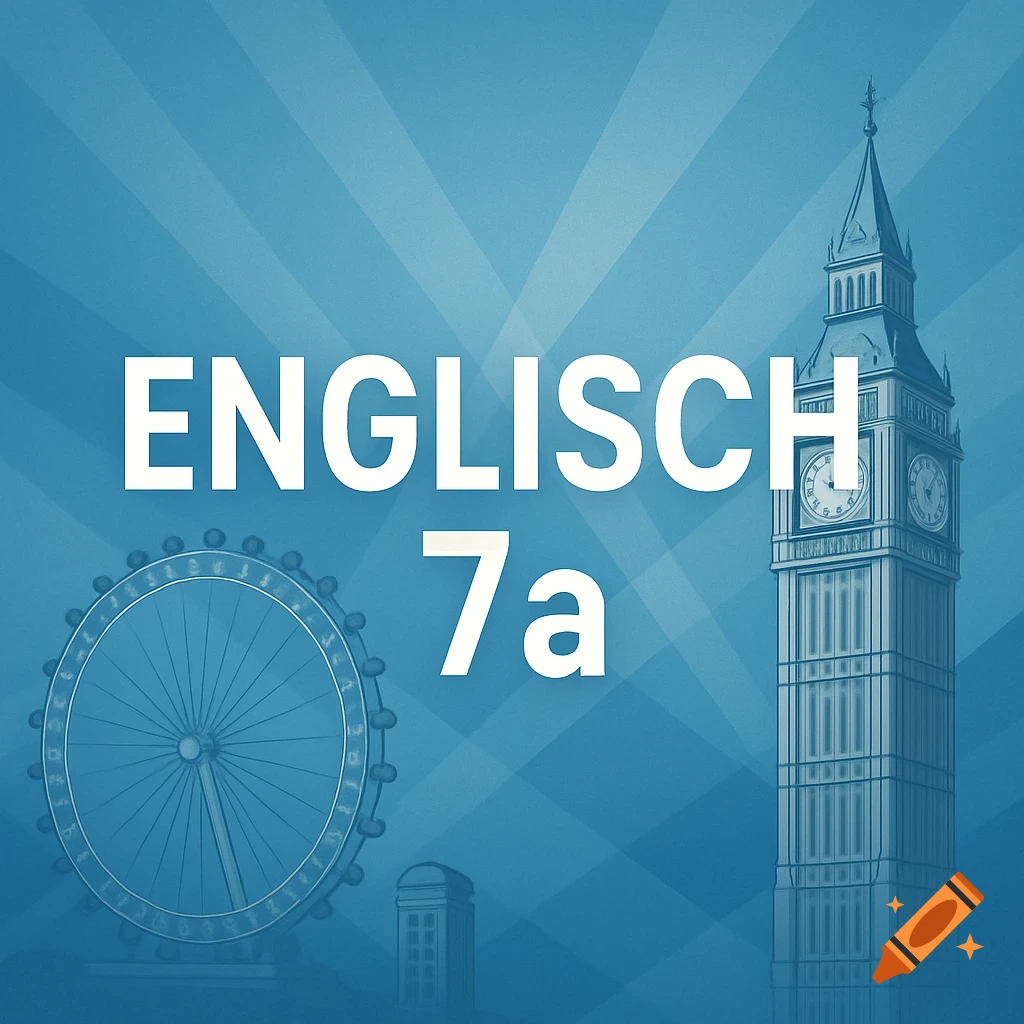 Stylized illustration of London landmarks Big Ben, the London Eye, and a telephone booth with the text ENGLISCH 7a on a blue background.