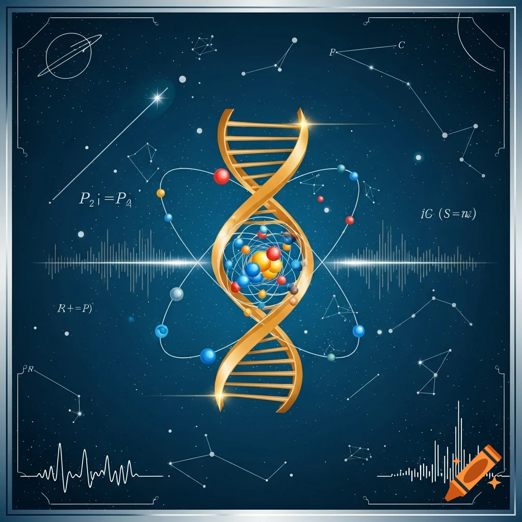Golden DNA helix and atom with orbiting electrons on a starry background, surrounded by constellations and scientific formulas in an illustrative style.
