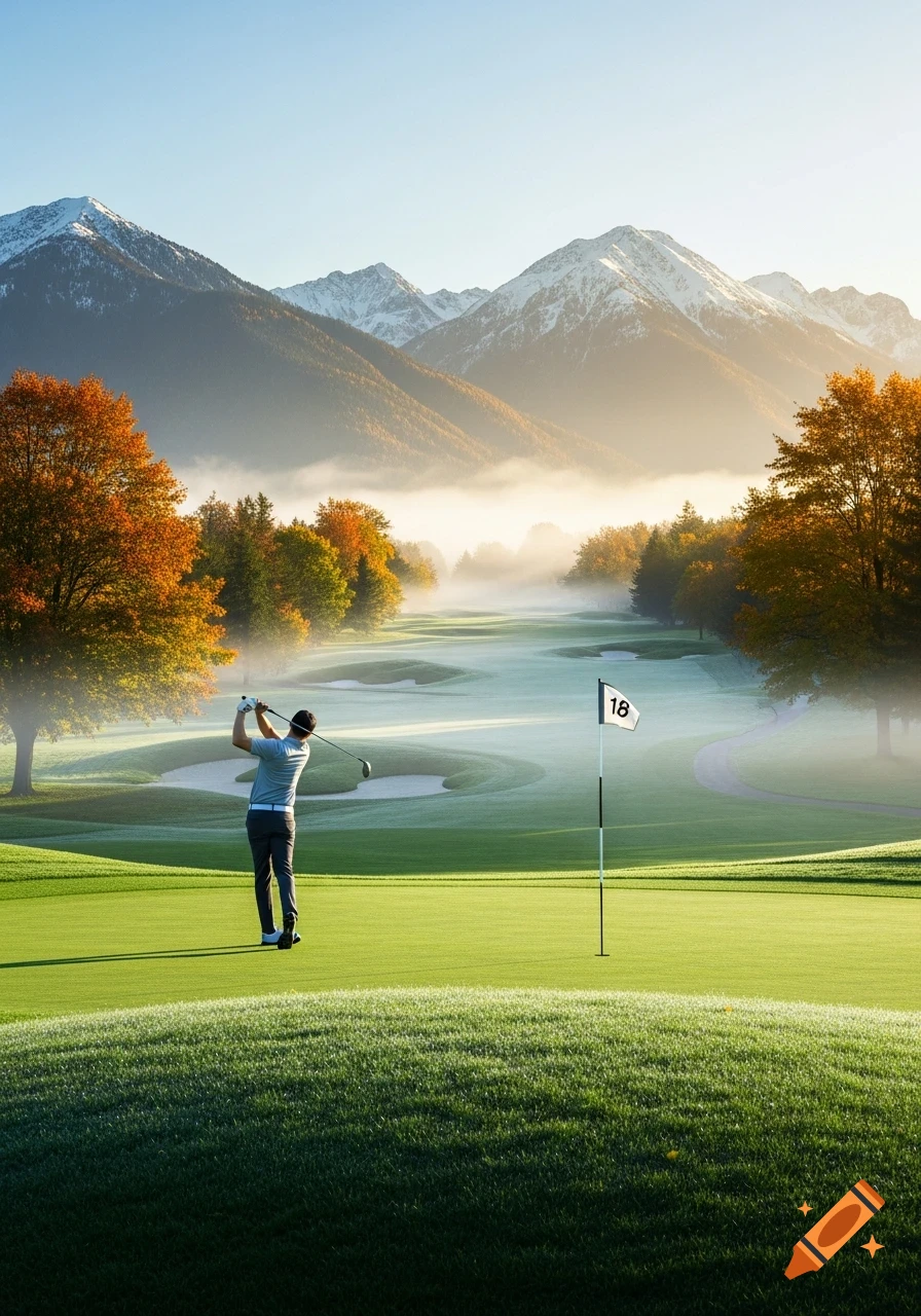 A golfer swings on a misty course with autumn trees and snow-capped mountains under a clear sky.