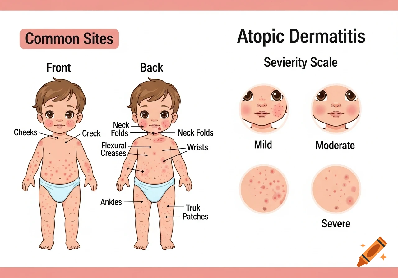 Medical illustration showing common sites of atopic dermatitis on a child (front and back views) and a severity scale (mild, moderate, severe) with skin close-ups.