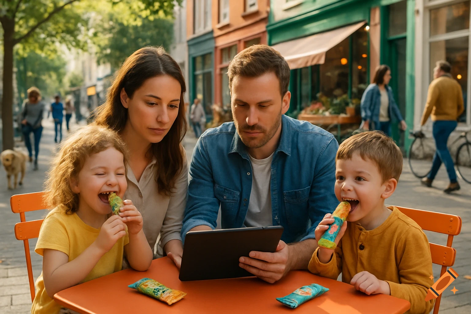 A family of four, including two young children, sits at an orange outdoor table on a sunny street, eating snacks and looking at a tablet. Photorealistic.