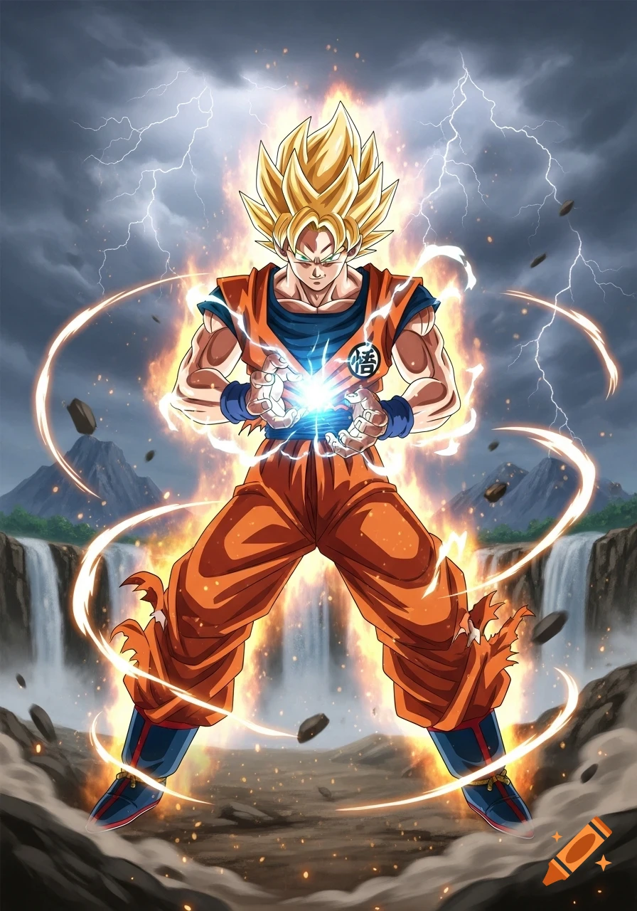Goku as Super Saiyan, surrounded by an aura and lightning, stands in a landscape with waterfalls and a stormy sky, charging a blue energy blast between his hands.