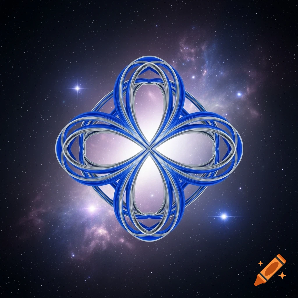 A glowing blue and silver intricate geometric knot design, resembling a four-leaf clover or orbital, against a dark starry cosmic background.