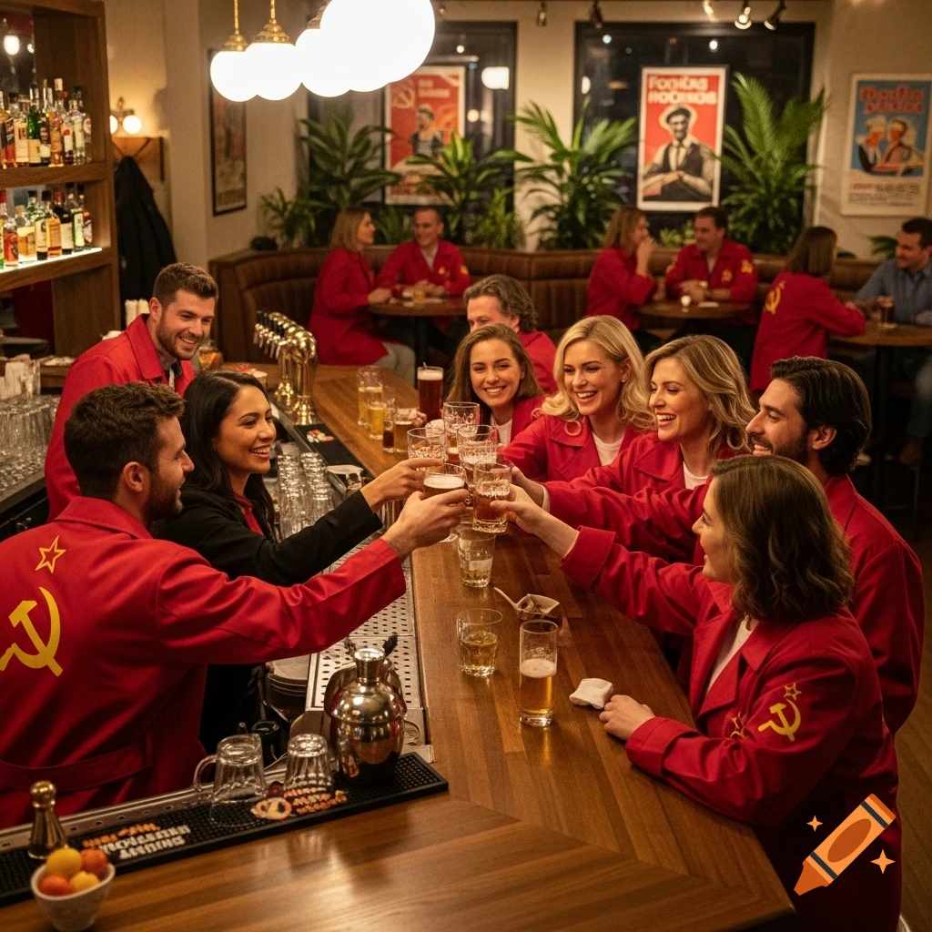 A diverse group of smiling people in red coats with hammer and sickle symbols toast with beer glasses at a lively bar.