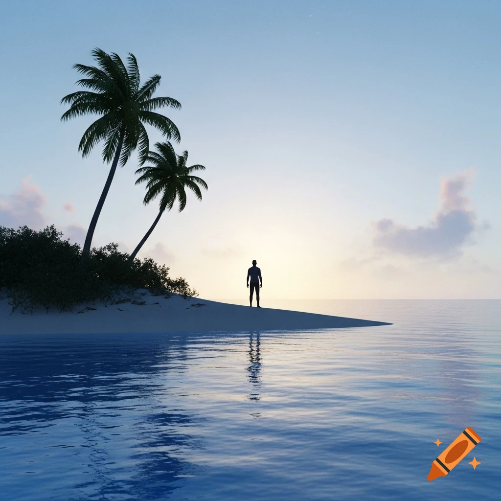 A silhouette of a solitary man stands on a sandy tropical island at sunrise, overlooking a calm ocean with palm trees on the left.