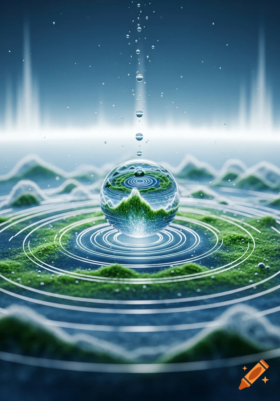 A crystal ball containing a lush green landscape with water ripples, centered in a serene environment with water drops falling from above, against a blue and white background.
