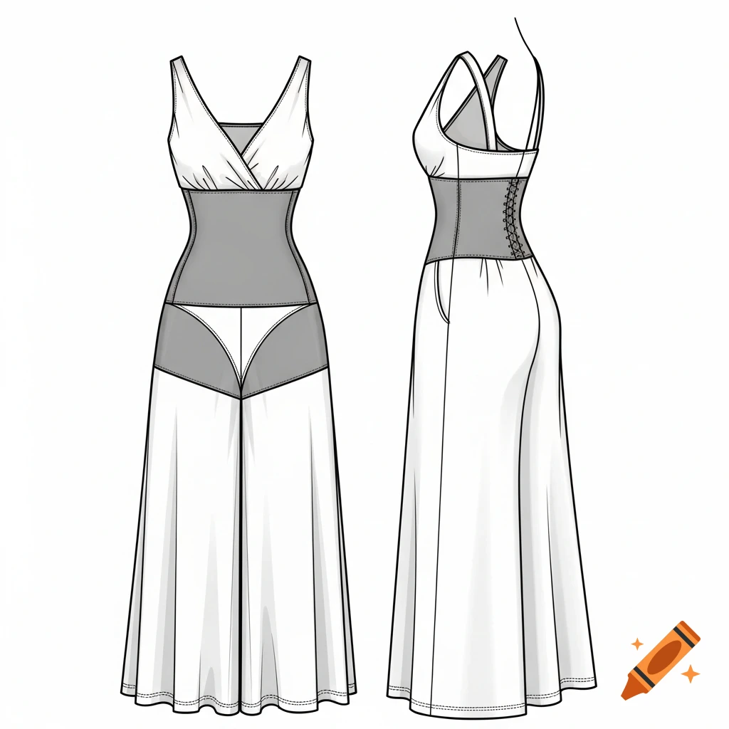 Front and side technical drawing of an elegant white women's jumpsuit with an integrated gray corset, V-neck, and wide palazzo legs.