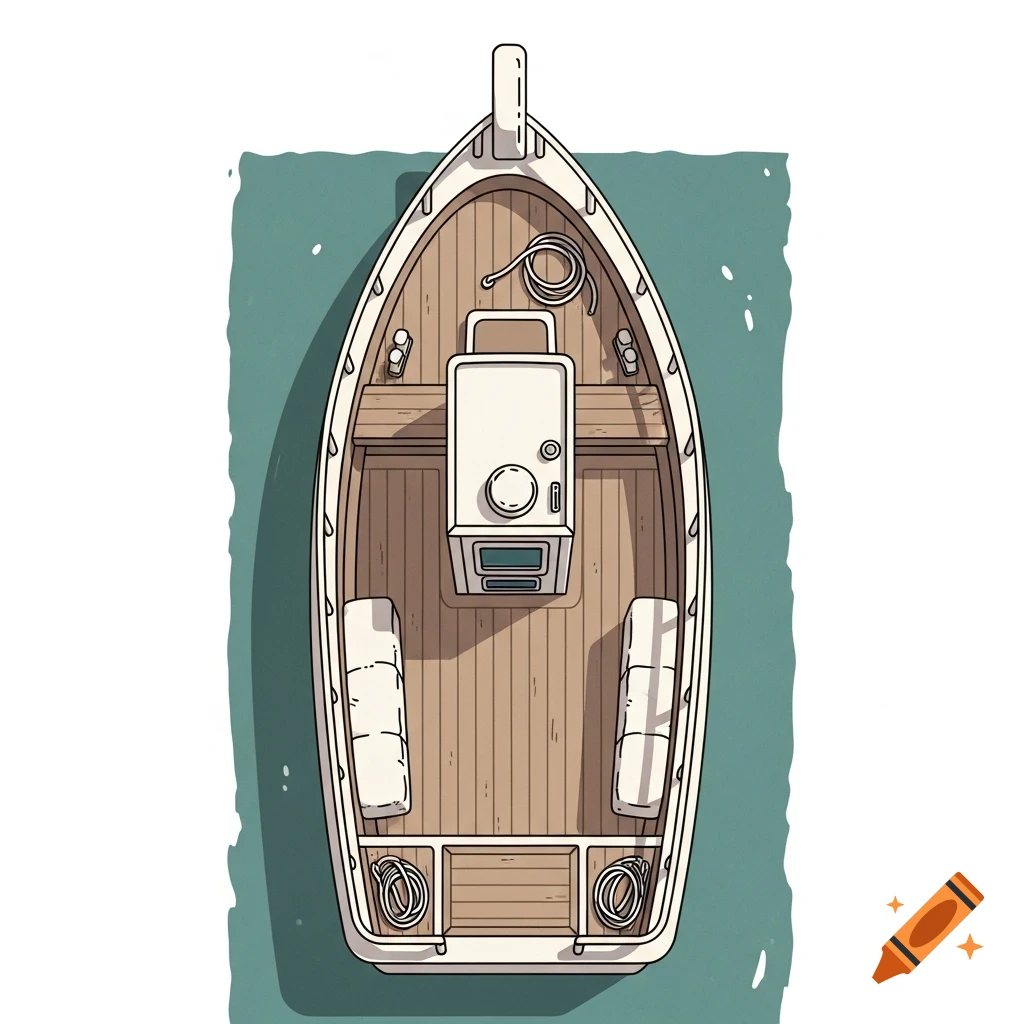 Top-down 2D illustration of a chunky wooden boat with a bold, clean hull outline and minimal deck detail, in a Ghibli-inspired style.