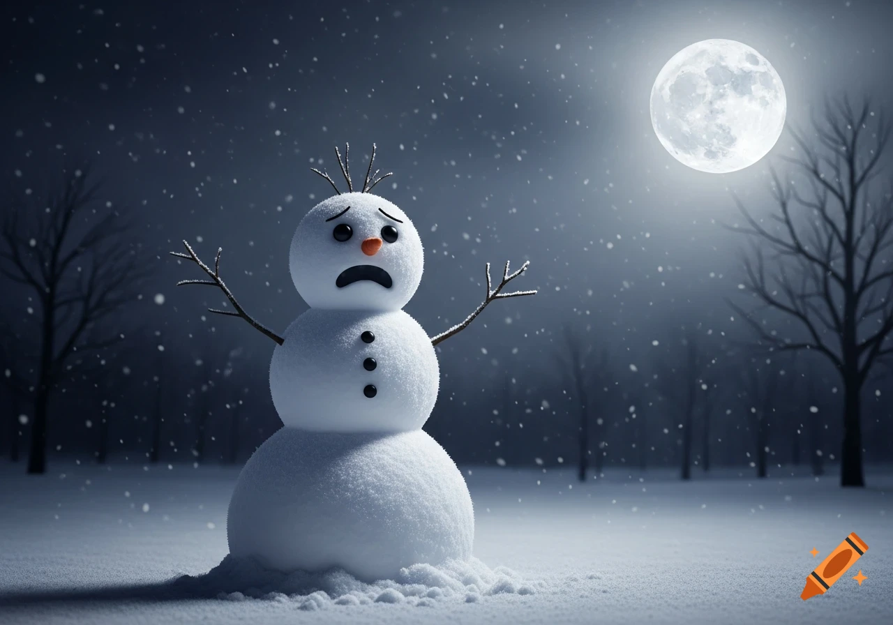 A sad snowman stands in a snowy field at night under a full moon, with bare trees in the background, as snowflakes fall.