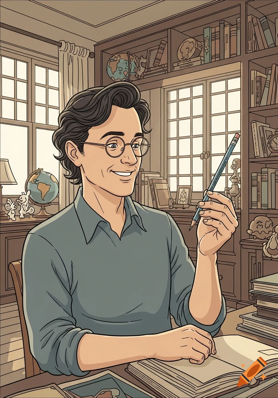 An illustration in Tintin style shows a smiling man with glasses holding a pencil at a desk in a study filled with books and globes.