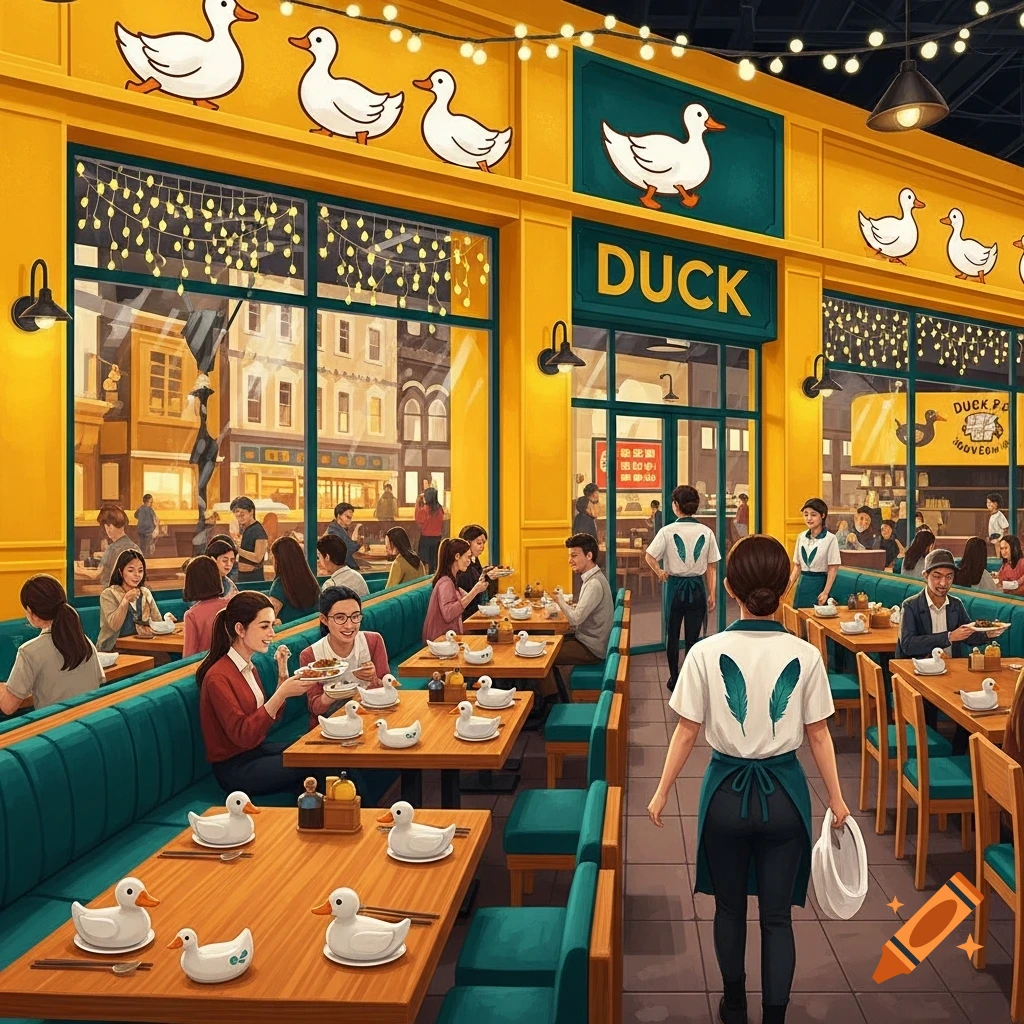 Illustrated scene of a lively duck-themed restaurant with diners and a server. The interior is vibrant yellow and teal, adorned with white duck figures.